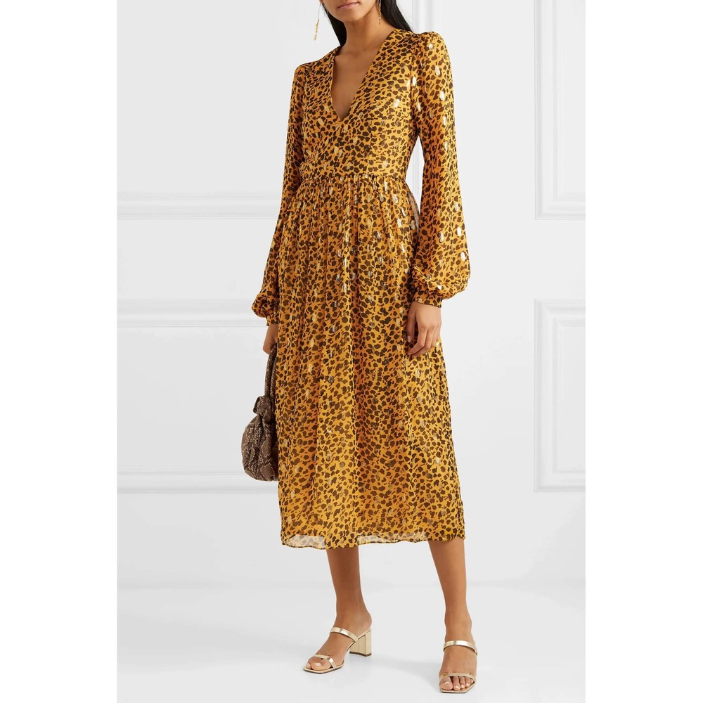 Saloni Camille Dress‎ Leopard Print Silk Midi Long Sleeve Gold Accents Sz 4 US